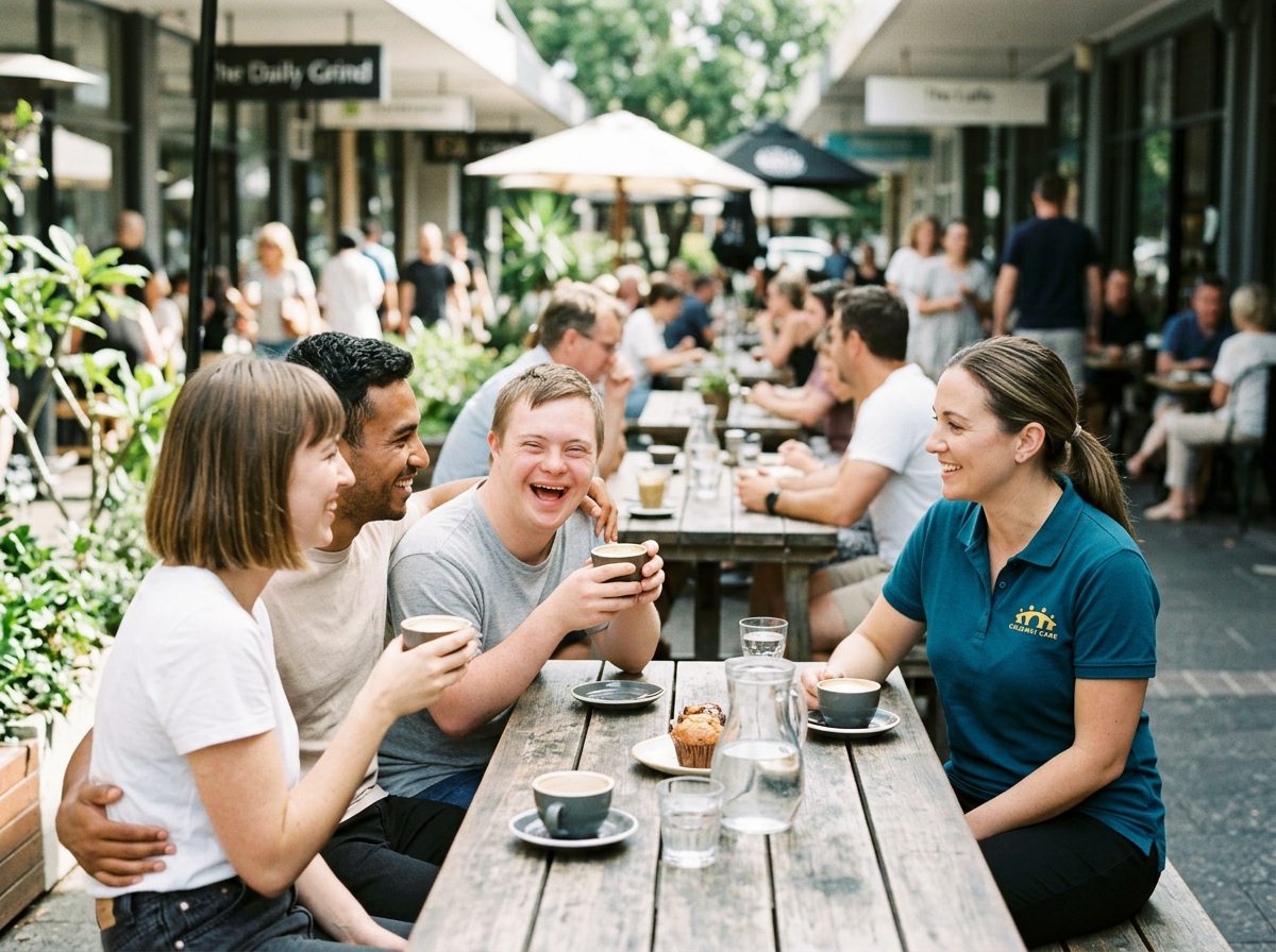 Participant enjoying coffee with friends at a local café
