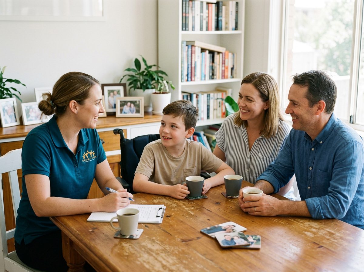 Family chatting with a Goldway Care team member at their dining table