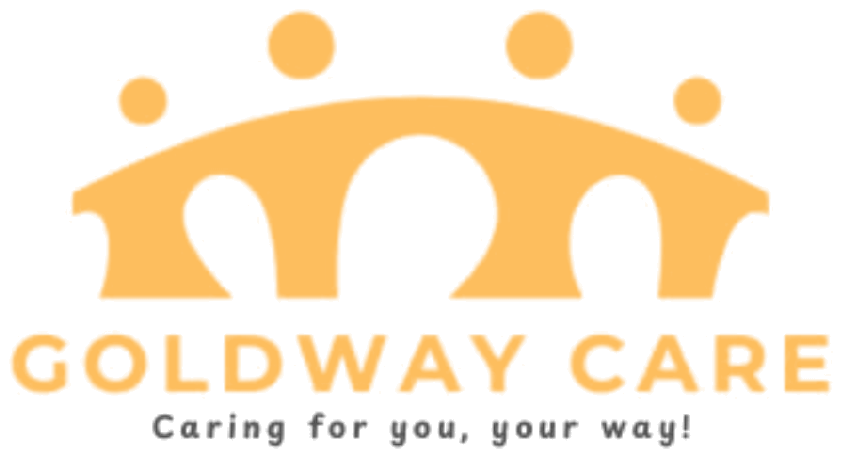 Goldway Care logo: a gold bridge with four people above it