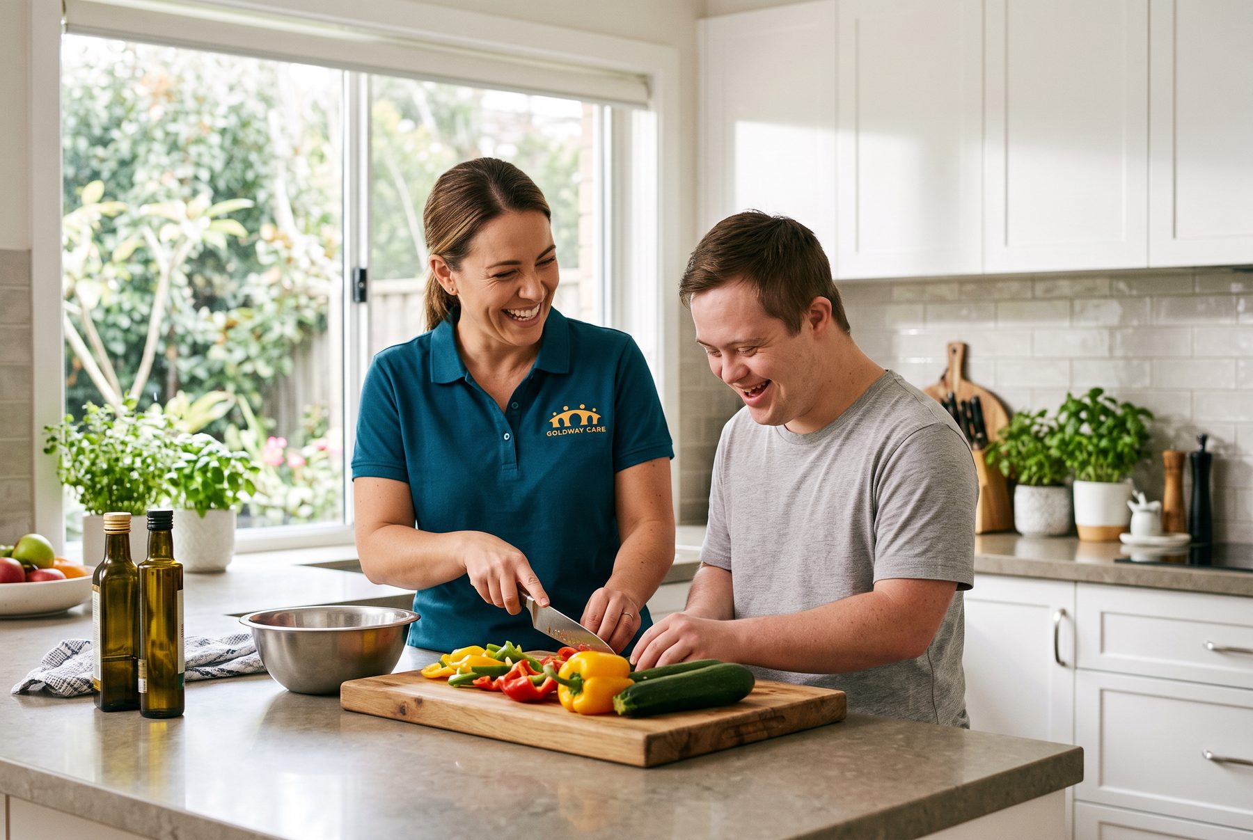 Support worker and participant cooking a meal together at home